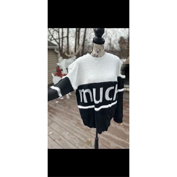Oversized, cold shoulder, black and white fuzzy sweater. - Picture 2 of 12